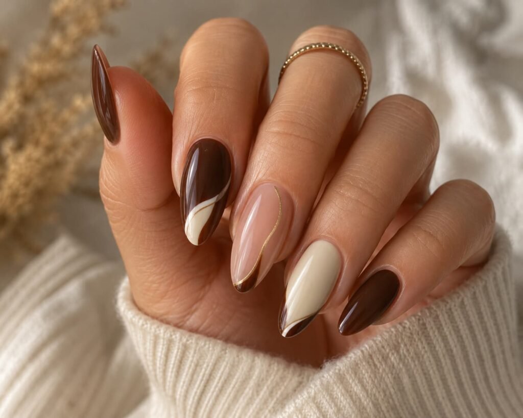 Almond nails combining chocolate brown, cream, nude, and fine gold-toned details.