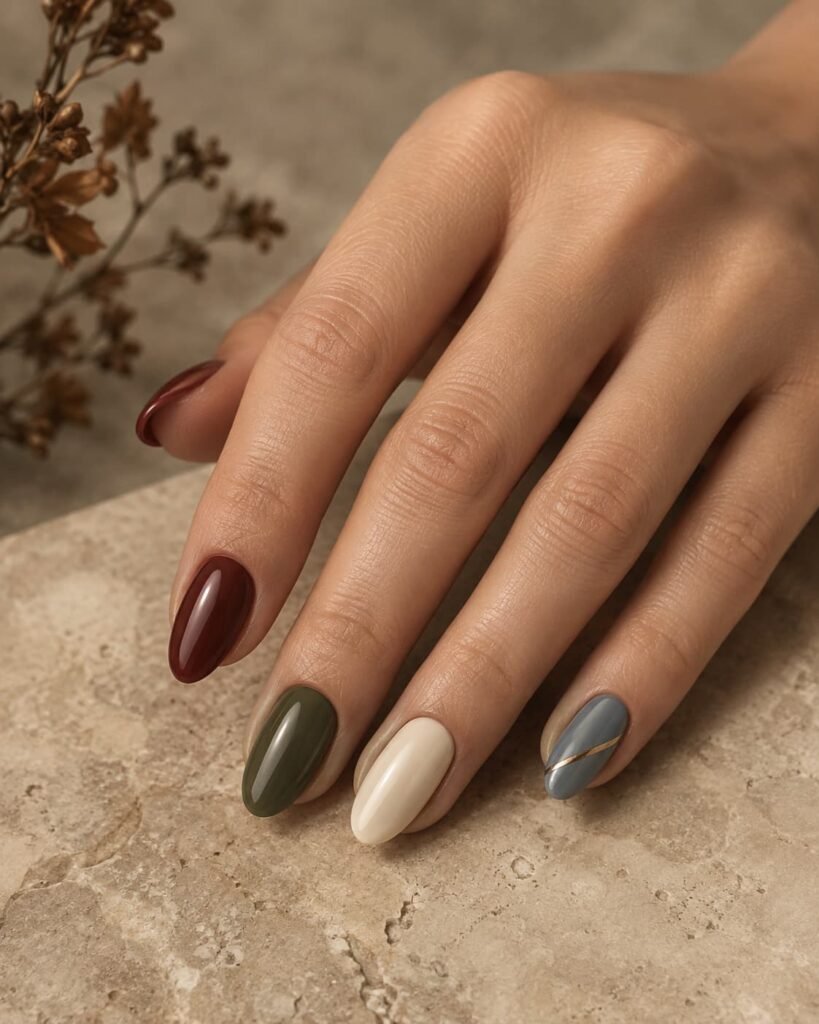 Almond nails in burgundy, olive, cream, brown, and muted blue for September