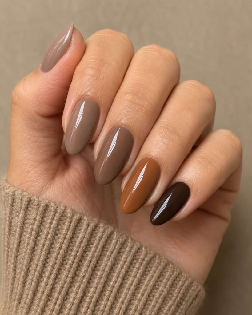 Almond nails in taupe, mocha, caramel, cocoa, and deep brown shades.