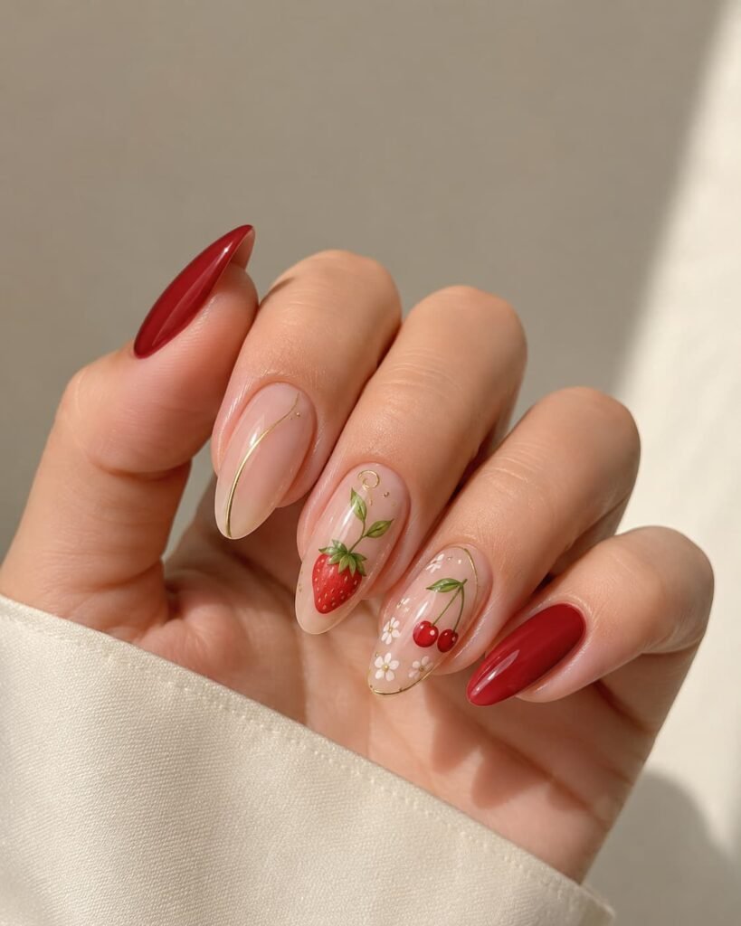 Almond nails with vertical strawberry, cherry, leaf, and gold details