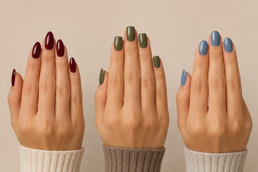 Almond, squoval, and oval nail shapes in muted September colors