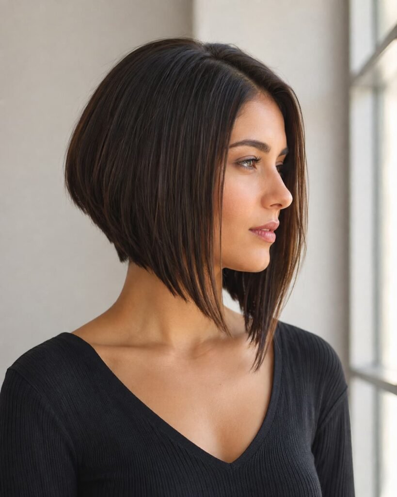 Angled A-line long bob with a shorter back and longer front sections.