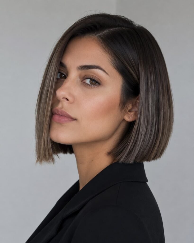 Ash brown balayage blunt bob with a straight finish