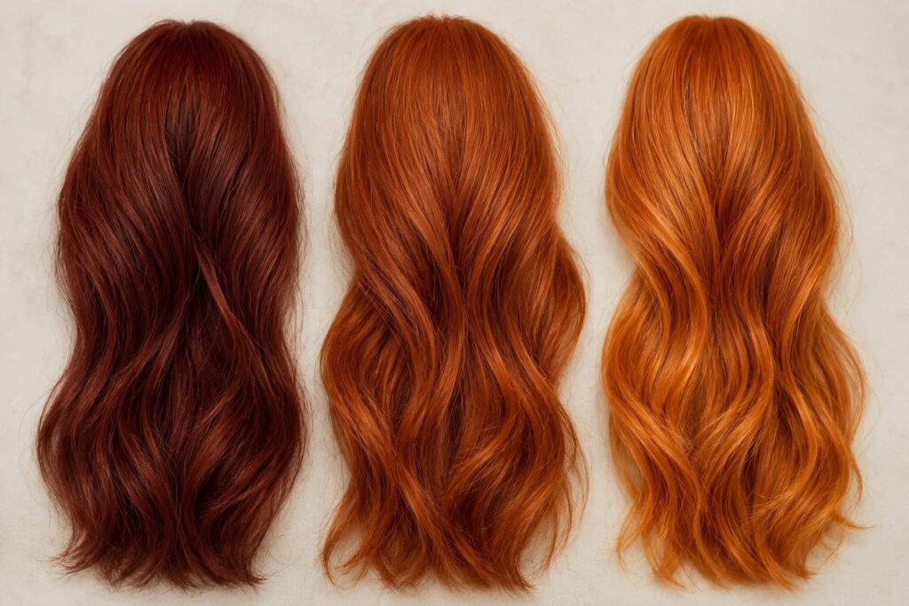 Auburn, copper auburn, and copper hair color comparison