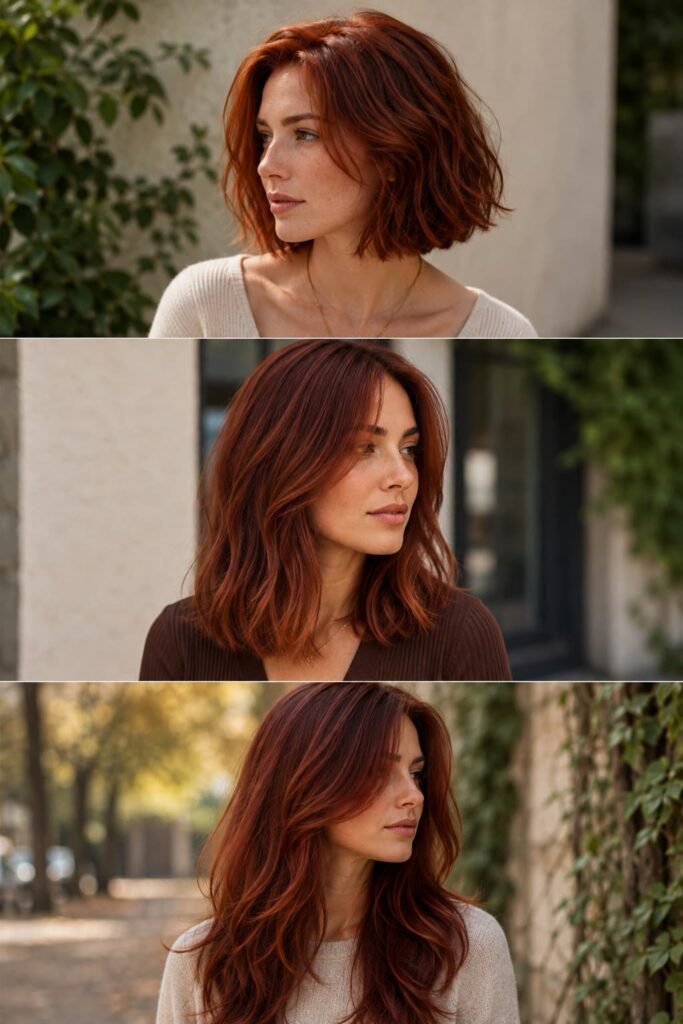Auburn hair shown on a short bob, medium lob, and long layered hair