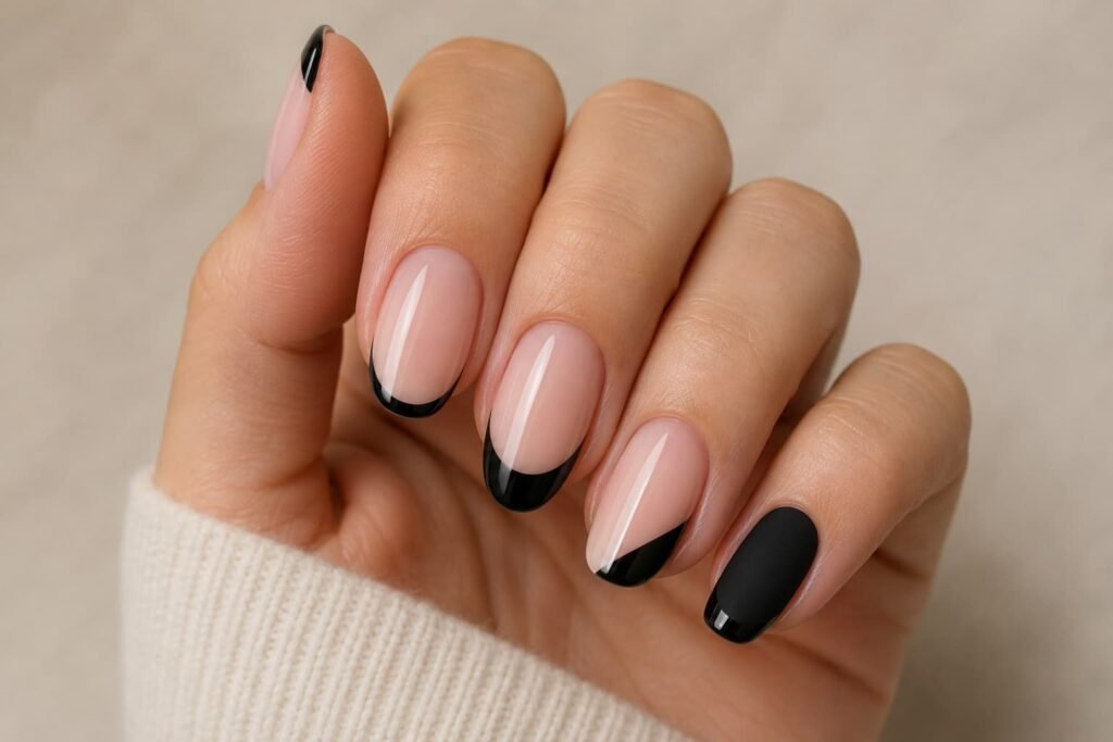 Black French tip nails with thin, deep, angled, side, and matte-glossy designs