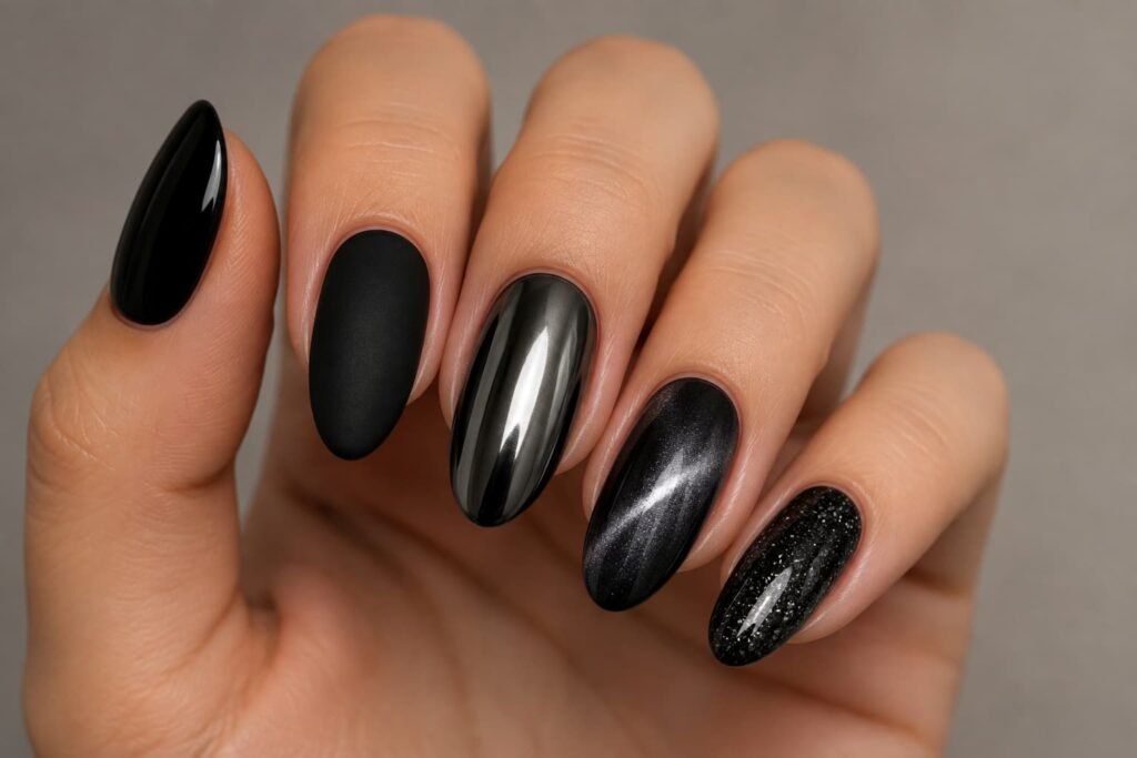Black nails showing glossy, matte, chrome, cat-eye, and glitter finishes