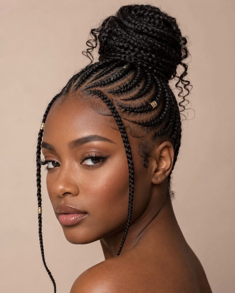 Braided bun with curved braid pattern, curls, face-framing braids, and hair cuffs
