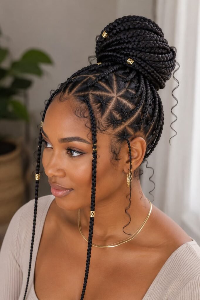 Braided bun with geometric parting, face-framing braids, and cuffs