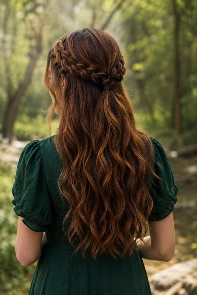 Braided half up half down hairstyle with two side braids
