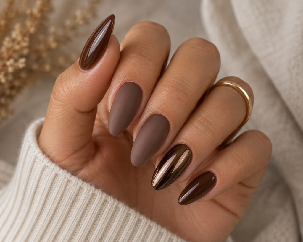 Brown almond nails showing glossy chocolate, matte mocha, and reflective bronze finishes.