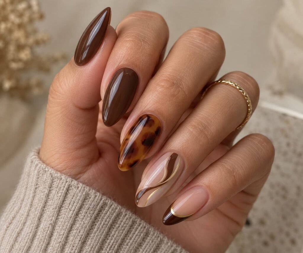Brown almond nails with chocolate polish, nude swirls, tortoiseshell detail, and a thin French tip.