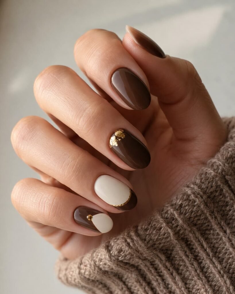 Brown and cream nails showing scattered, cuticle, French-tip, and color-block gold foil placement.