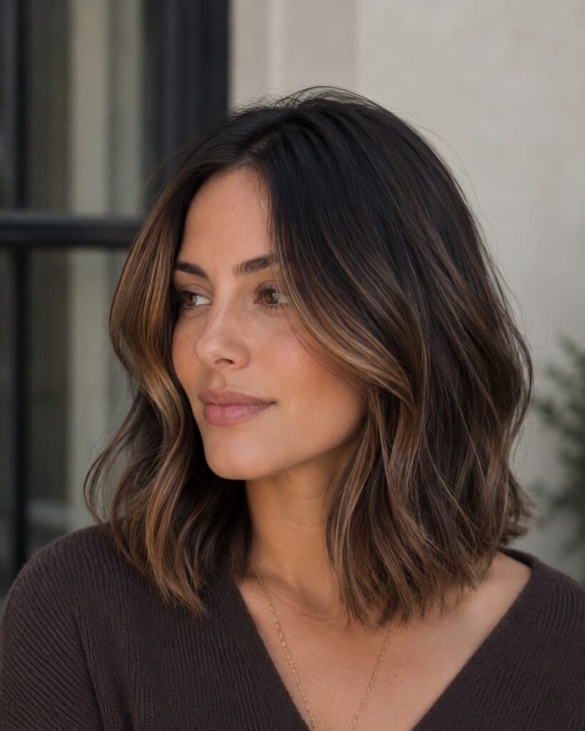 Brown balayage lob with soft waves and blended brunette tones
