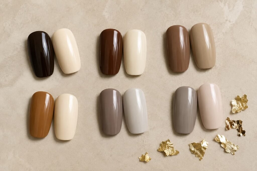 Brown nail shades paired with cream, ivory, beige, and milky nude tones.