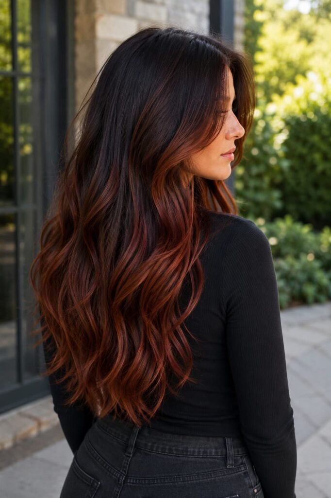 Brunette hair with blended auburn balayage through the lengths