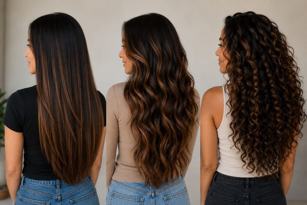 Caramel highlights on straight, wavy, and curly dark brown hair