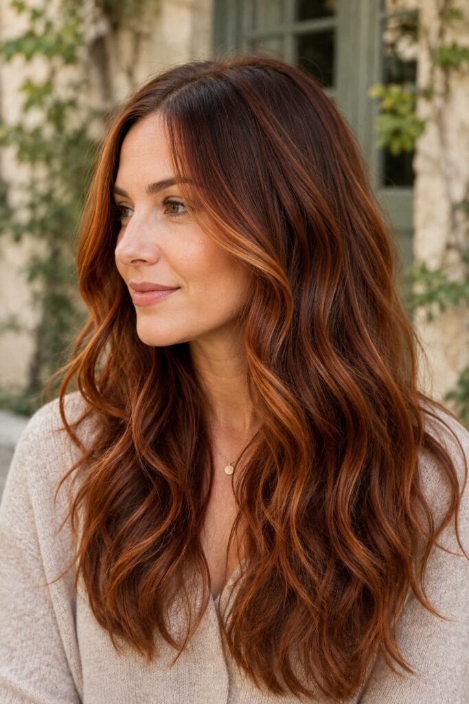 Copper auburn hair with highlights, balayage, and darker roots