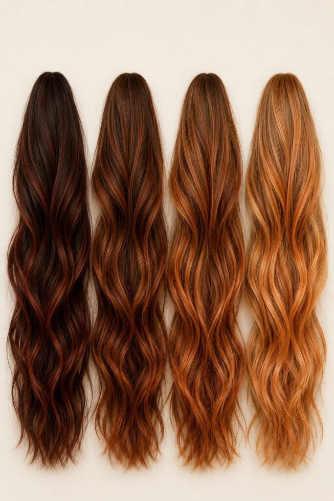 Copper auburn tones shown on different hair color depths