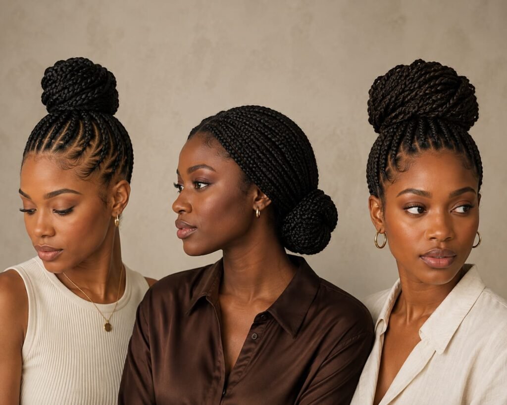 Cornrow, box-braid, and knotless braided bun hairstyle ideas for Black hair