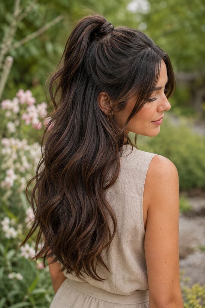 Curly half up half down hairstyle with a soft half ponytail