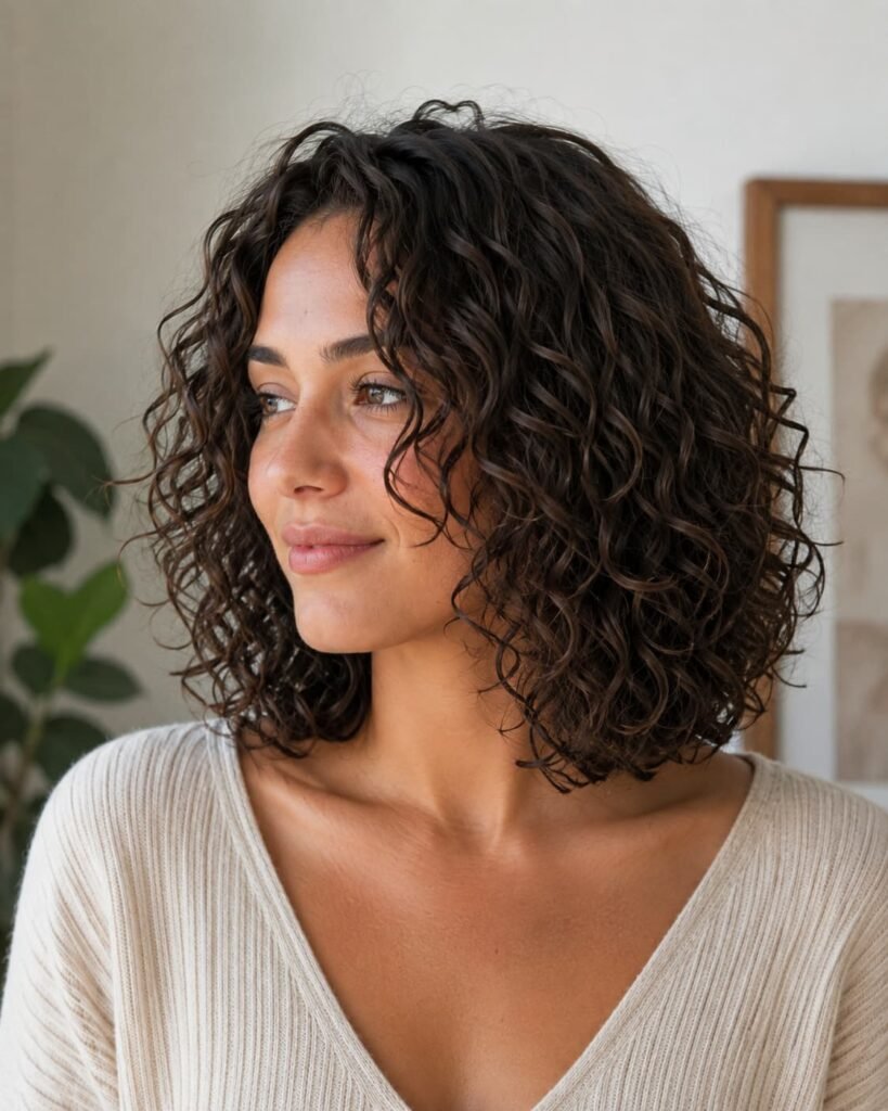 Curly long bob showing a soft rounded shape and natural curl texture.