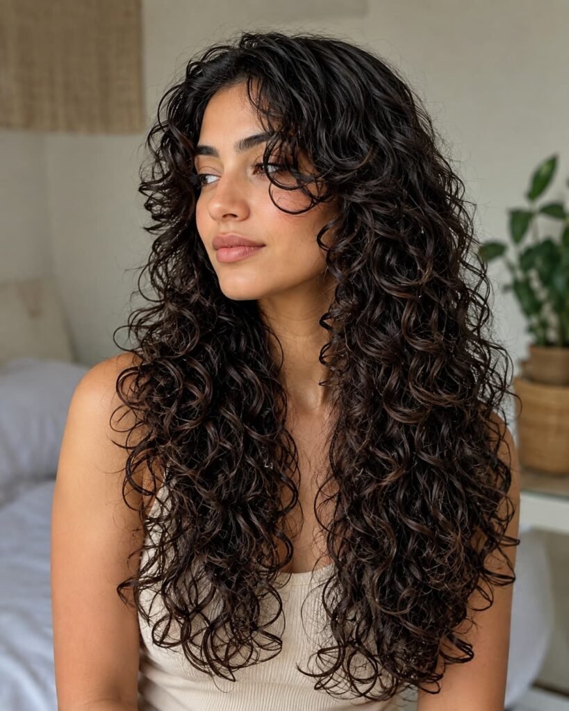 Curly long hair with butterfly-style face-framing layers