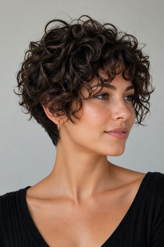 Curly pixie bob with defined curls and a layered short shape.