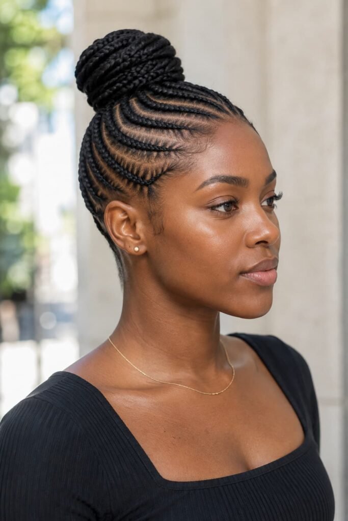 Curved cornrows leading into a high braided bun