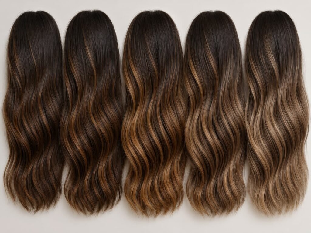 Dark brown hair shown with deep, toffee, golden, honey, and beige caramel tones