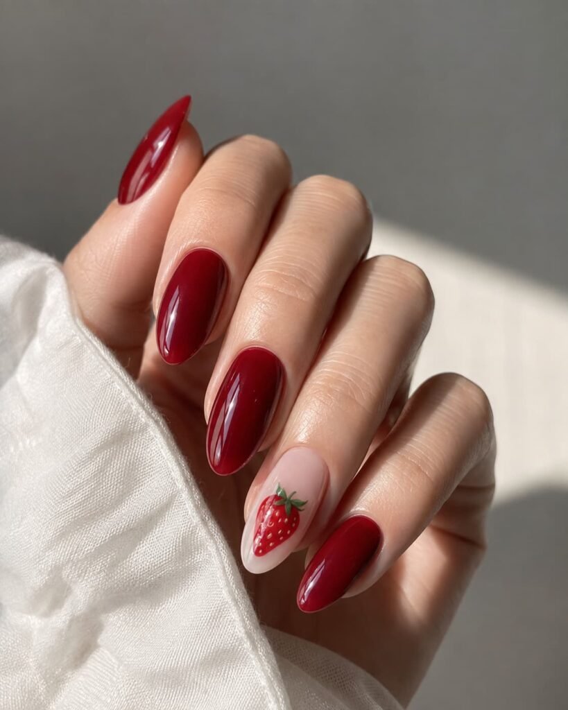 Deep red nails with a strawberry accent on a sheer blush base