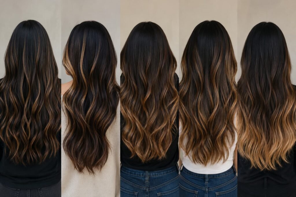 Different caramel highlight placements on long dark brown hair