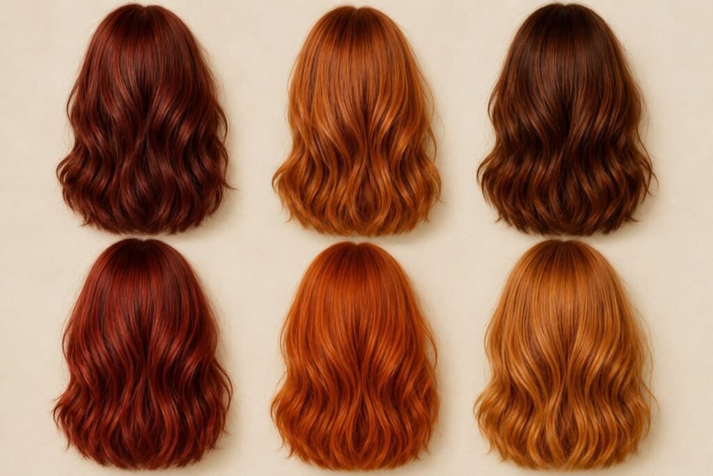 Different copper auburn hair shades from dark to golden copper