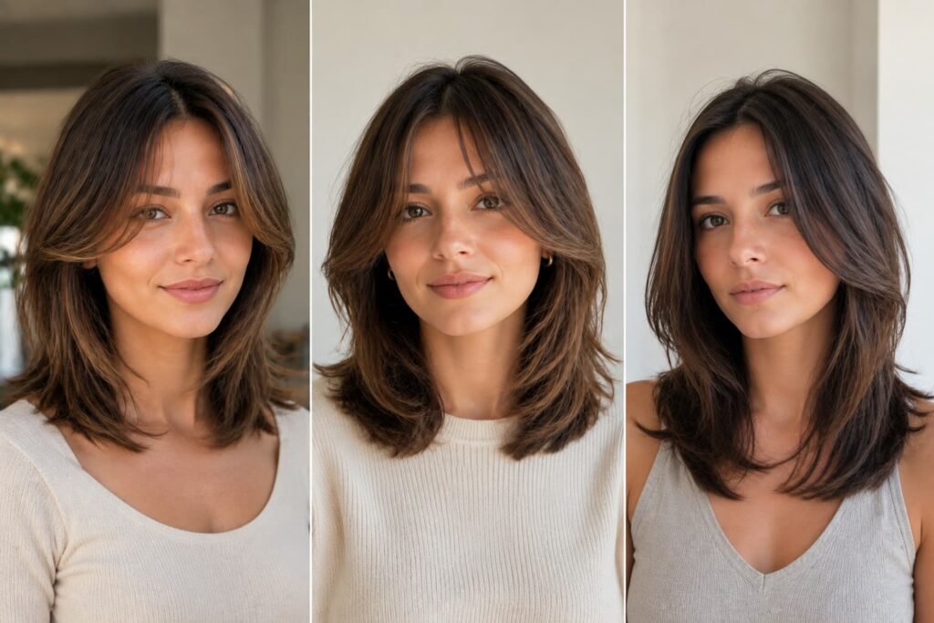 Face-framing layers starting at the cheekbones, chin, and below the chin
