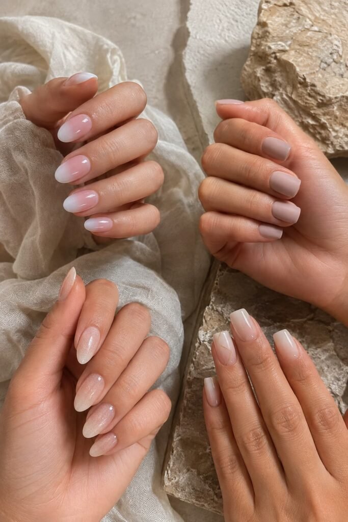 Four natural ombre nail designs with French, matte, shimmer, and gold details