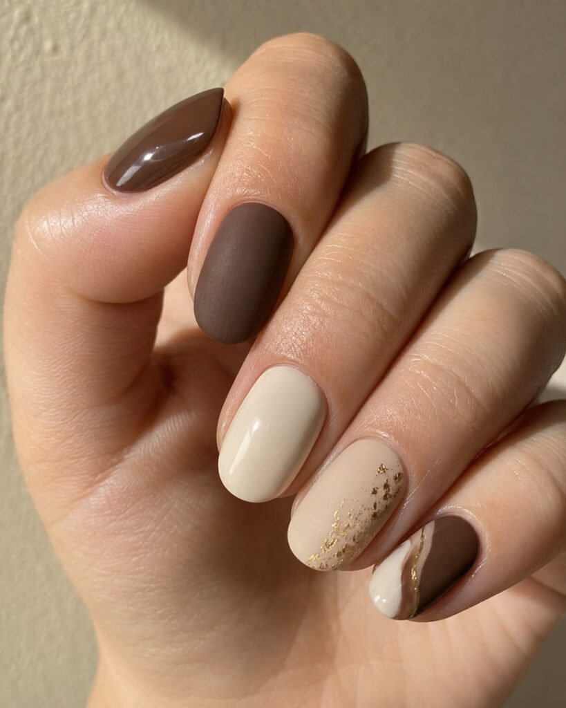 Glossy and matte brown and cream nails with reflective gold foil accents.