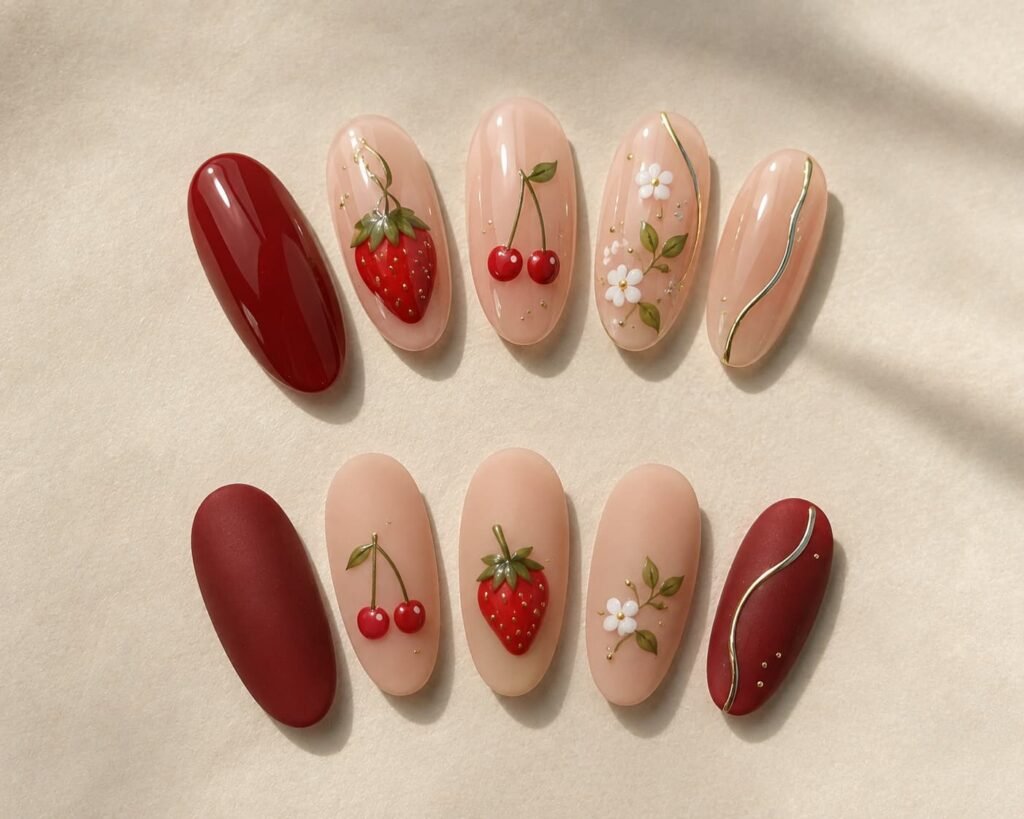 Glossy and matte red fruit nail designs with subtle gold accents