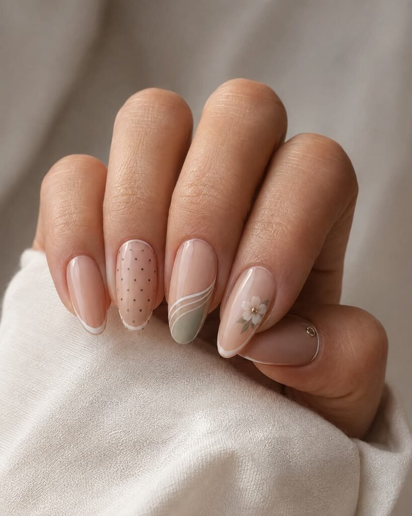 Glossy, sheer, jelly, metallic, and textured nail finishes shown on one manicure.