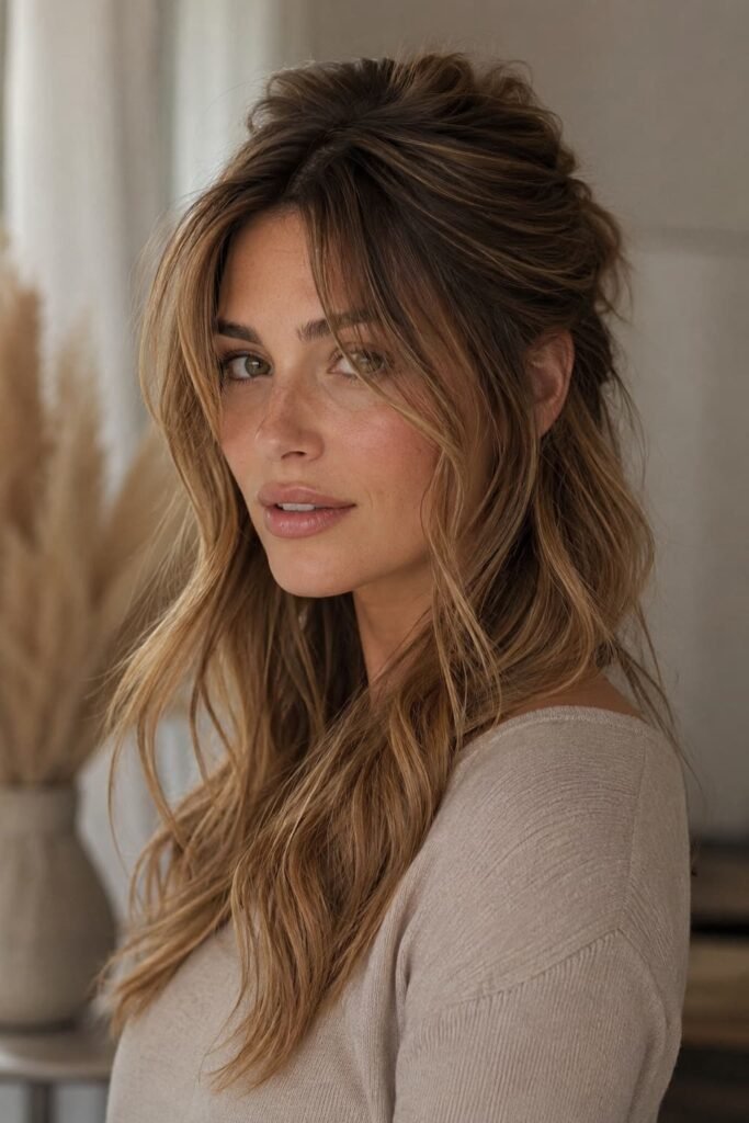 Half up half down hairstyle with curtain bangs and face-framing layers