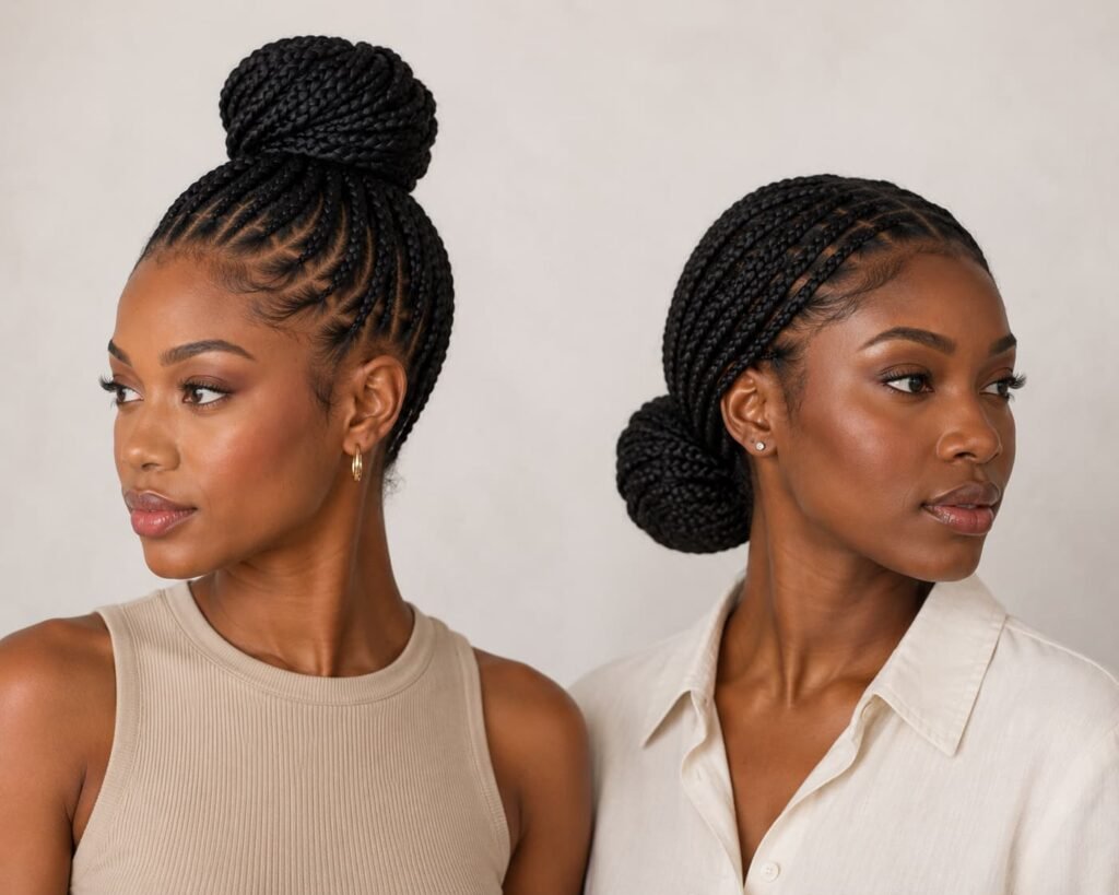 High braided bun and low braided bun showing different bun placement