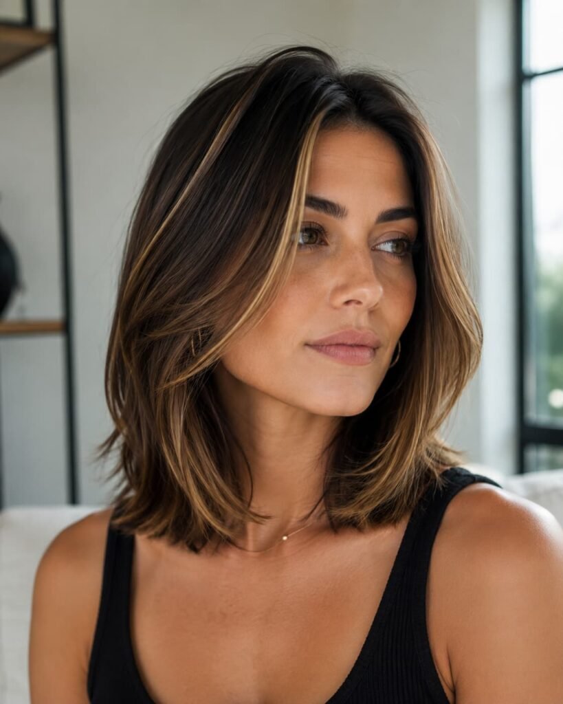 Layered lob with caramel highlights and long face-framing layers