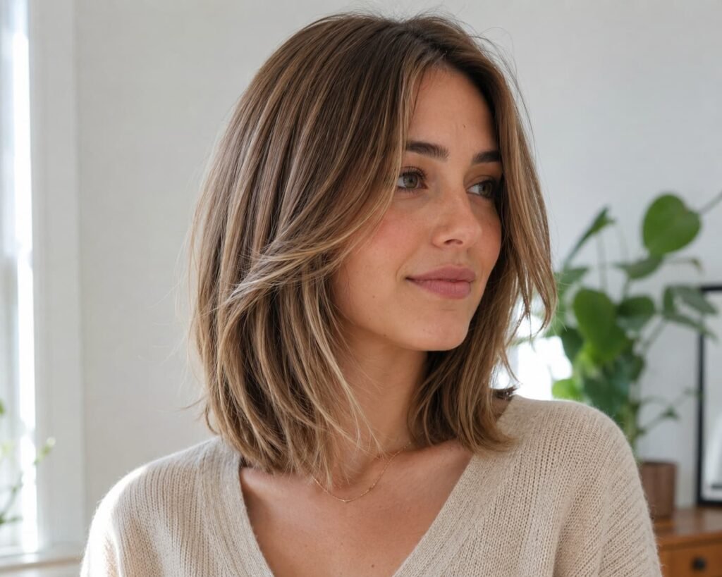 Layered long bob with subtle movement and face-framing pieces.