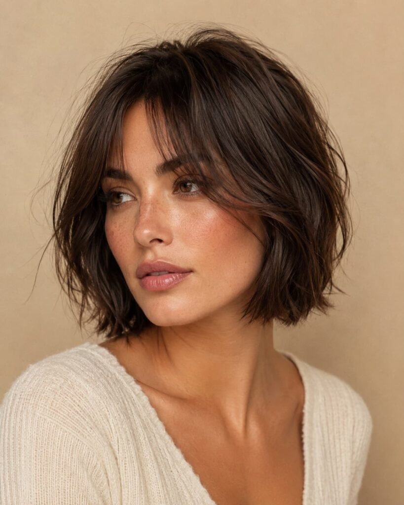 Layered shaggy bob with curtain bangs and face-framing layers