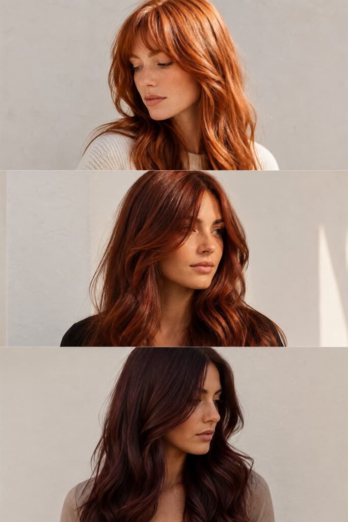 Light, medium, and dark auburn hair color variations