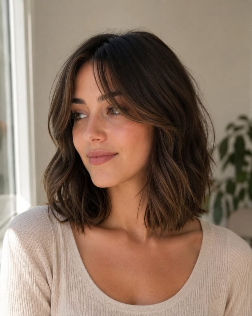 Long bob with curtain bangs blending into face-framing layers.