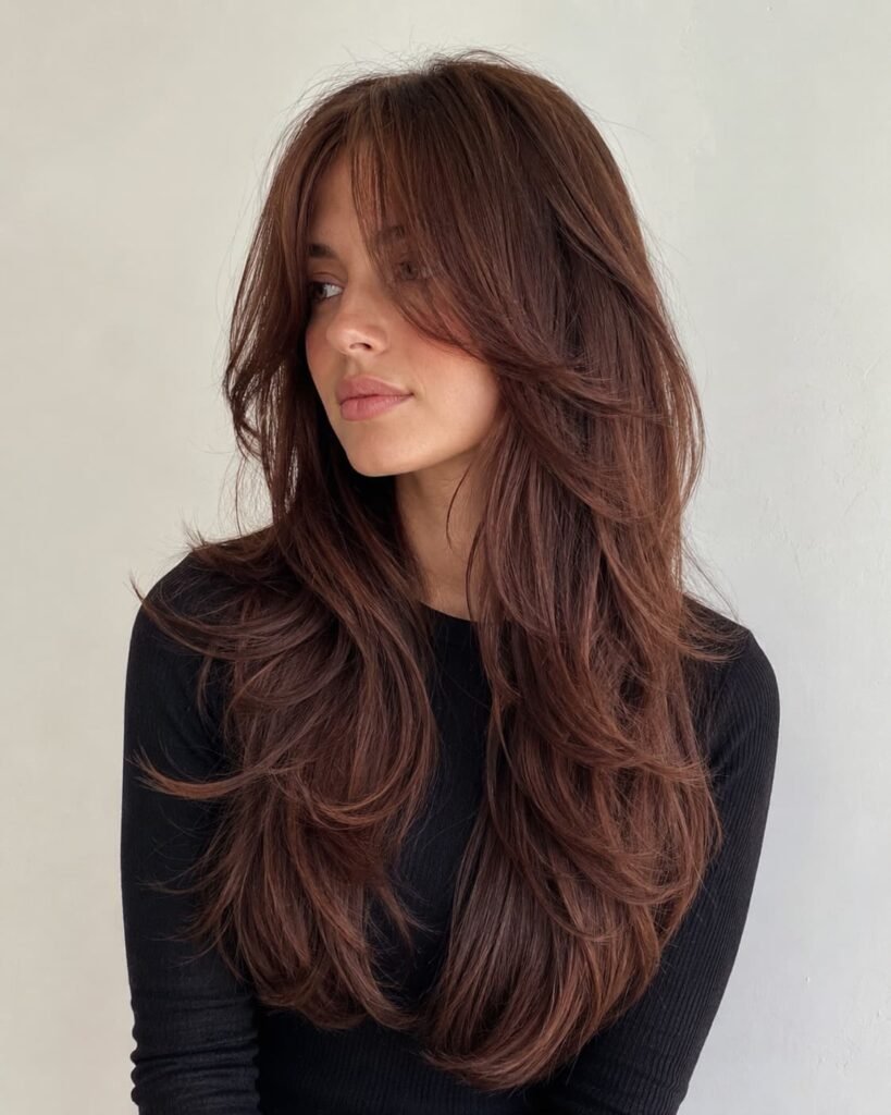 Long butterfly haircut with curtain bangs