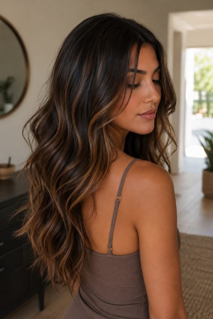 Long dark brown hair with soft caramel highlights through the lengths