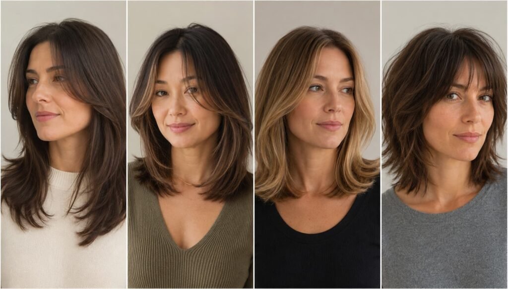 Long, face-framing, blended, and choppy layers on medium length hair