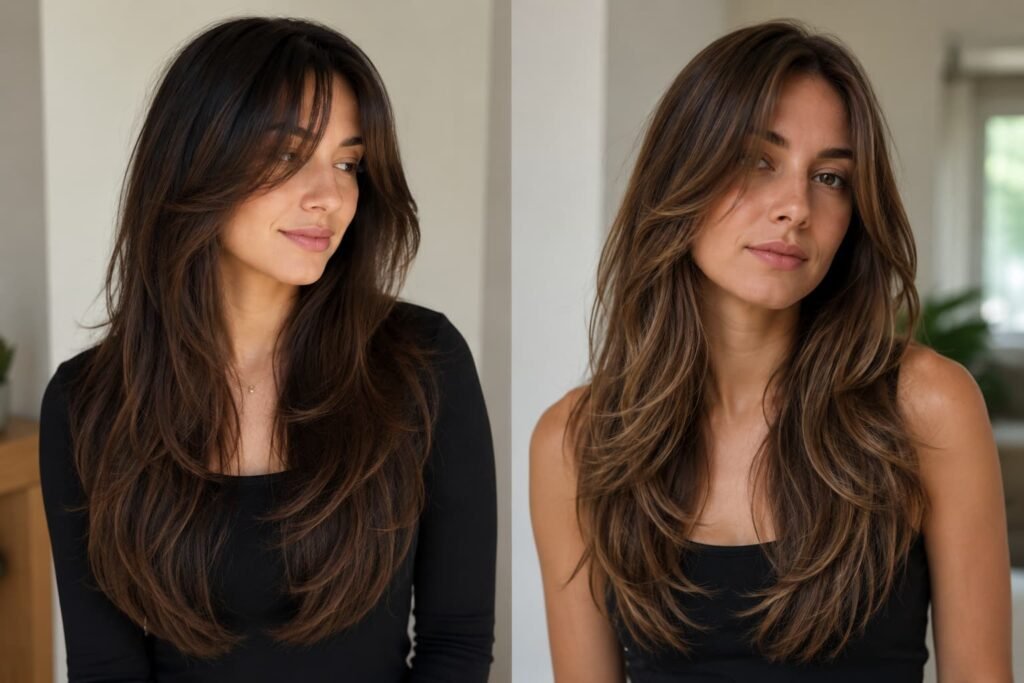 Long face-framing layers with curtain bangs and without bangs