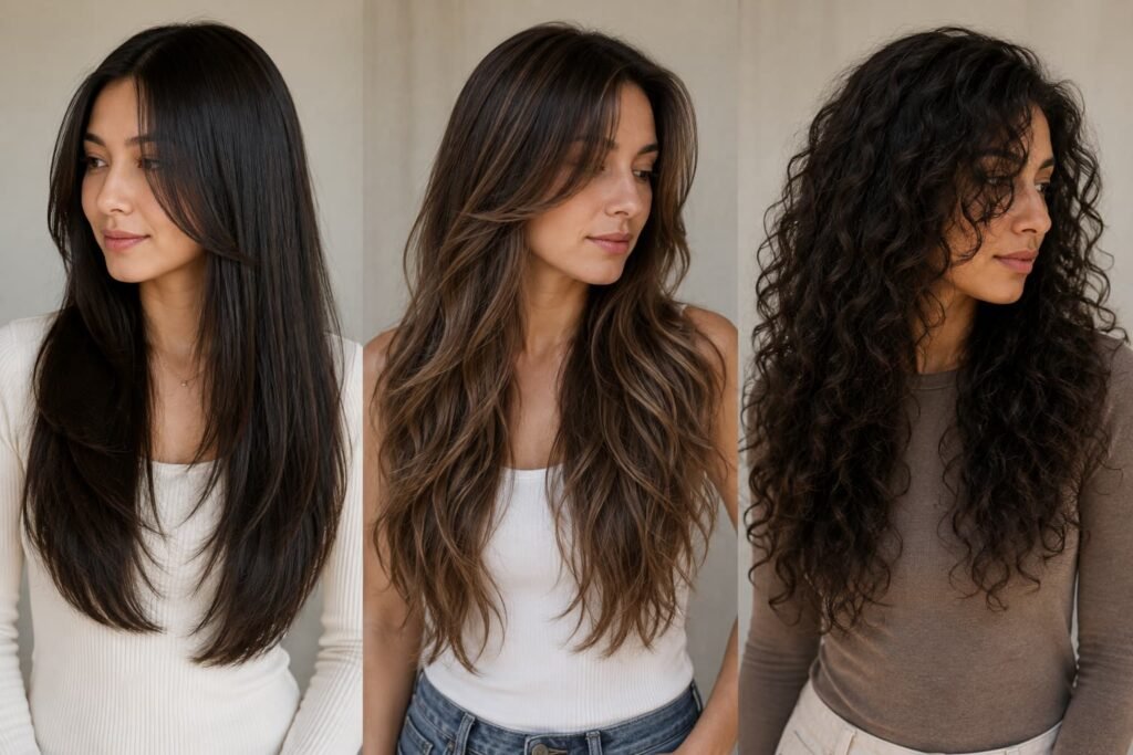 Long layered hair shown on straight, wavy, and curly textures